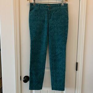 Cartonnier Anthropologie Charlie Ankle Green Flocked Velvet  S 2 Pants 90s Indie